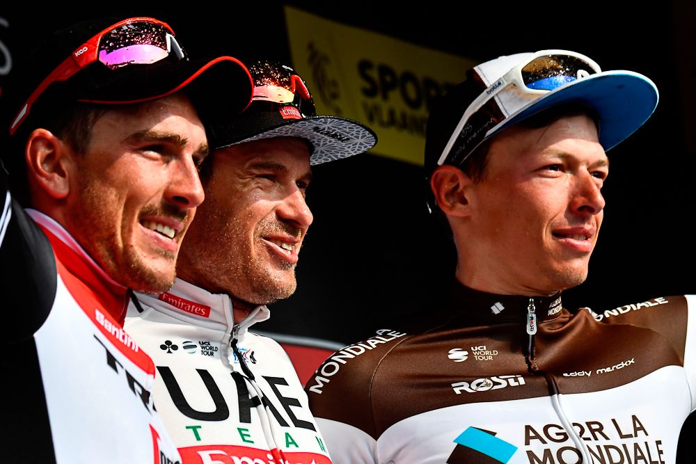 John Degenkolb, Alexander Kristoff and Oliver Naesen on the Gent-Wevelgem podium