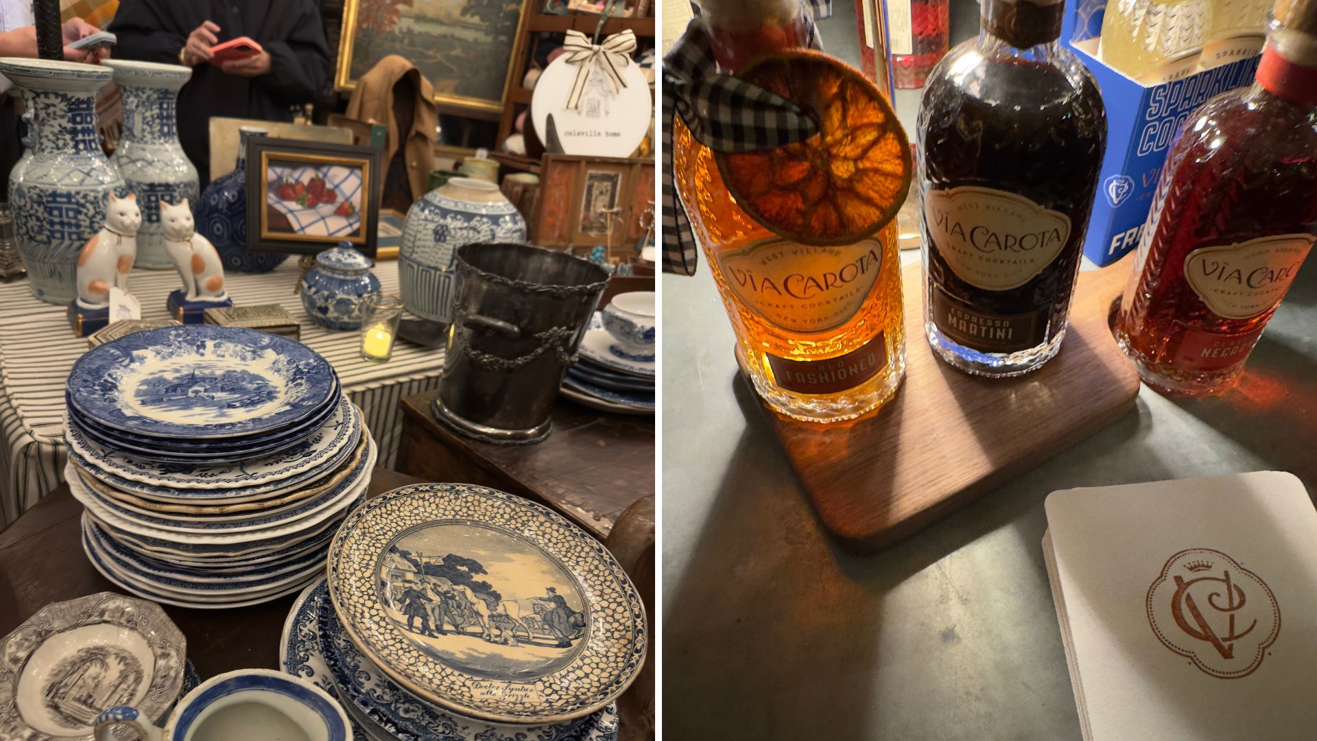 Blue and white vintage plates and bottles of pre-mixed cocktails