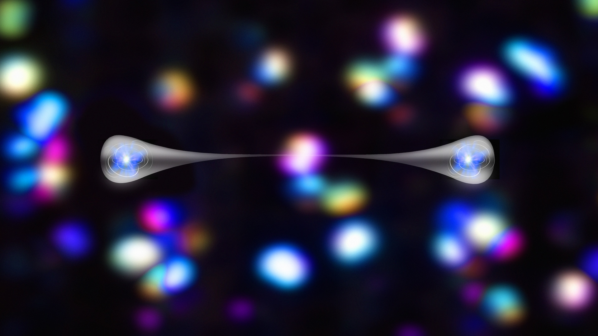 an abstract illustration with two glowing orbs connected by what looks like droplets of water, with more rainbow glowing orbs in the background