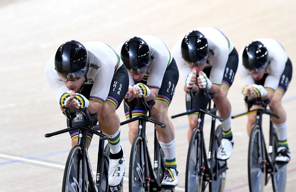 The Australian men&#039;s Team Pursuit​ members race in the final during the Brisbane UCI Track World Cup at the Anna Meares Velodrome in December