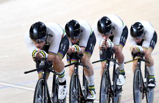 The Australian men's Team Pursuit​ members race in the final during the Brisbane UCI Track World Cup at the Anna Meares Velodrome in December