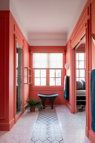 a dressing room painted in a bright color