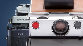 The Polaroid SX-70, Epson RD-1 and Olympus Trip 35 cult cameras on a blue background