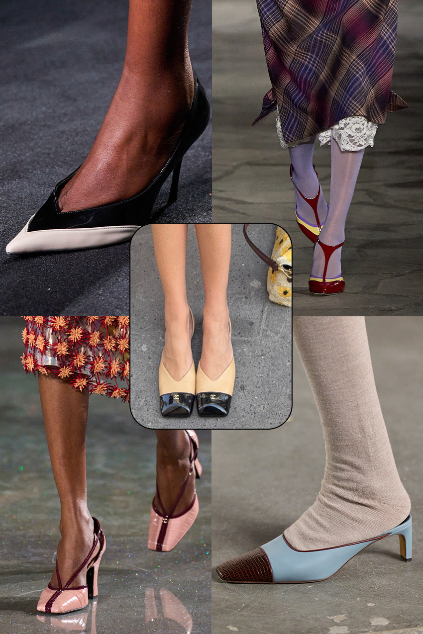 shoe color trends fall 2026 shown in a collage of runway images depicting footwear in multi-tone colors