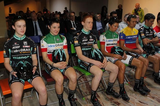 The I.Idro Drain-Bianchi Mountain Bike Team riders sat in the front row