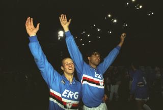 Attilio Lombardo and Ruud Gullit celebrate Sampdoria's Coppa Italia final second leg win over Ancona in April 1994.