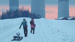 Two people run in the snow, towards large towers in the distance