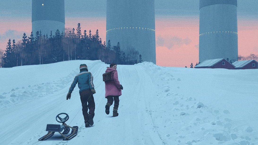 Two people run in the snow, towards large towers in the distance