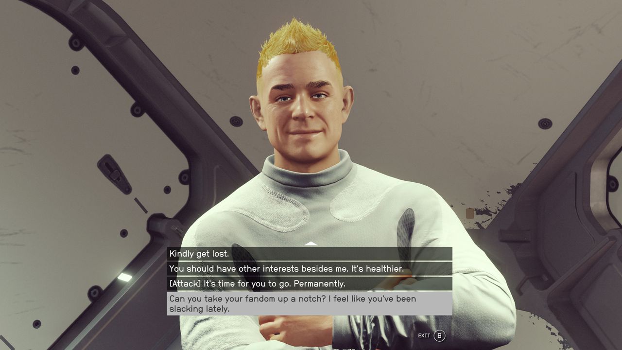 Dialogue options when chatting with your Adoring Fan