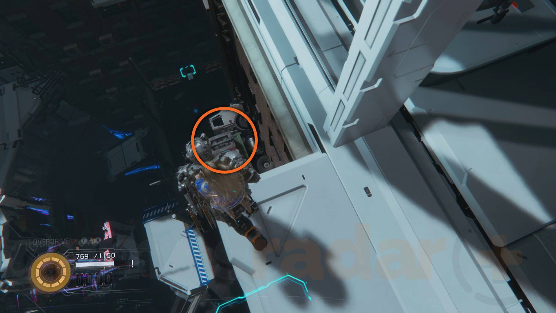 Pragmata Mass Production Array collectibles Side Alley looking over the edge of a building to see a truck attached to the wall with a safe box on it