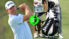 Lucas Glover hits a driver off the tee, with a close-up of his bag