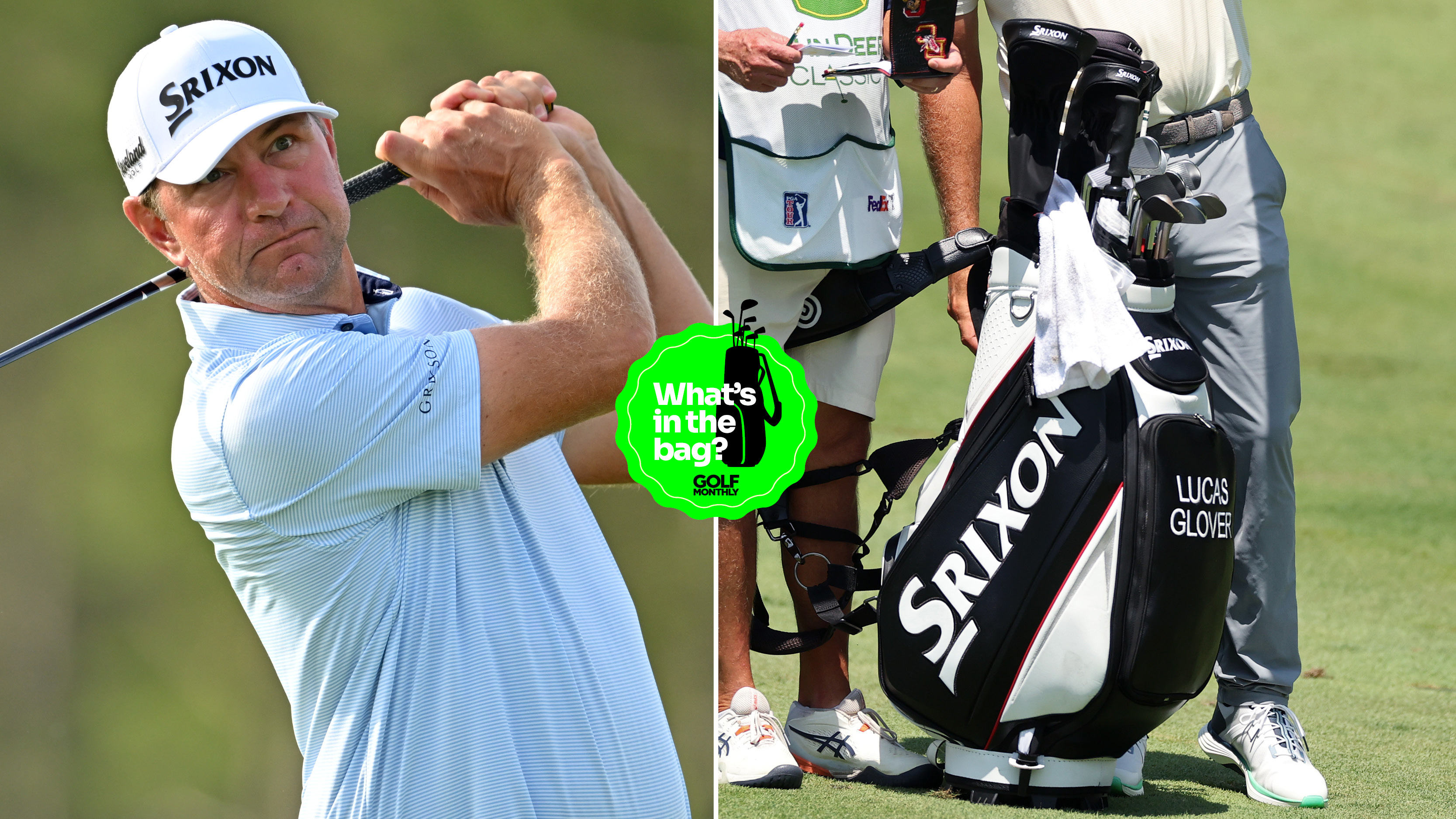 Lucas Glover hits a driver off the tee, with a close-up of his bag
