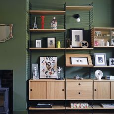 Green painted living room with shelving cabinet unit with artwork displayed