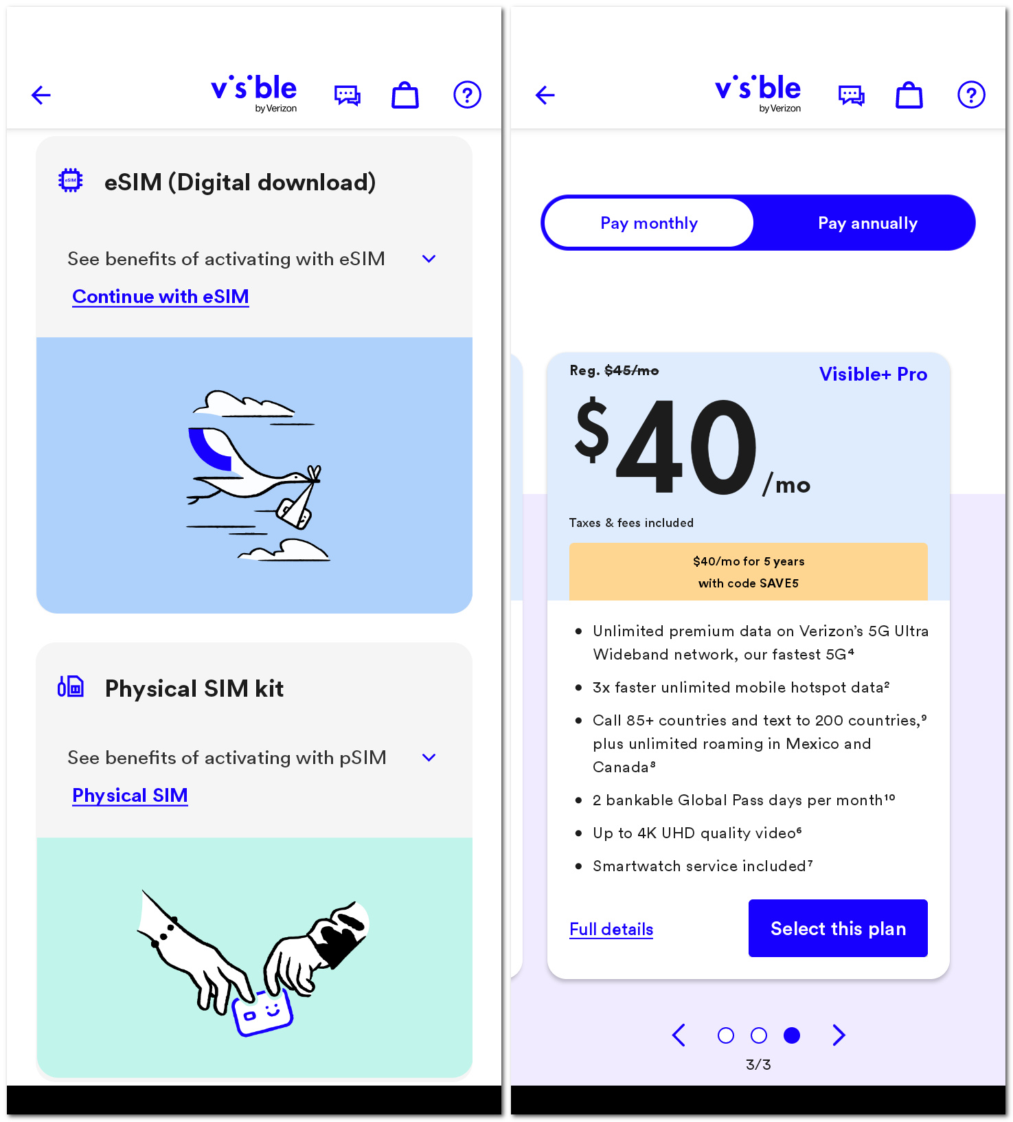 how to sign up for visible - step 3 - sim choice and plan option screens