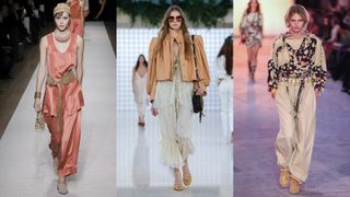 Composite image of models wearing bohemian outfits from Giorgio Armani, Chloe and Isabel Marant SS25