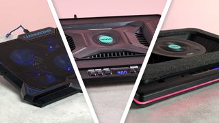 An image split into three featuring the Liangstar Laptop Cooling Pad, Llano RGB Laptop Cooling Pad, and Llano V10 Gaming Laptop Cooling Pad.