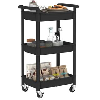 Steehoom 3-Tier Storage Trolley With Cover Top Board, Rolling Utility Cart Storage Rack Shelves on Wheels for Kitchen, Office, Bathroom, Bedroom, Laundry Room, Black