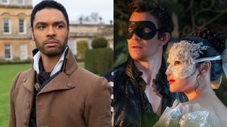 From L to R: Reg&eacute;-Jean Page as The Duke in Bridgerton Season 1, and Luke Thompson and Yerin Ha as Benedict and Sophie wearing masquerade masks in Season 4.