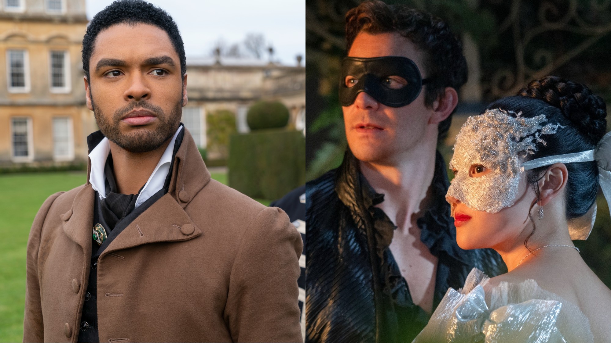 From L to R: Reg&eacute;-Jean Page as The Duke in Bridgerton Season 1, and Luke Thompson and Yerin Ha as Benedict and Sophie wearing masquerade masks in Season 4.