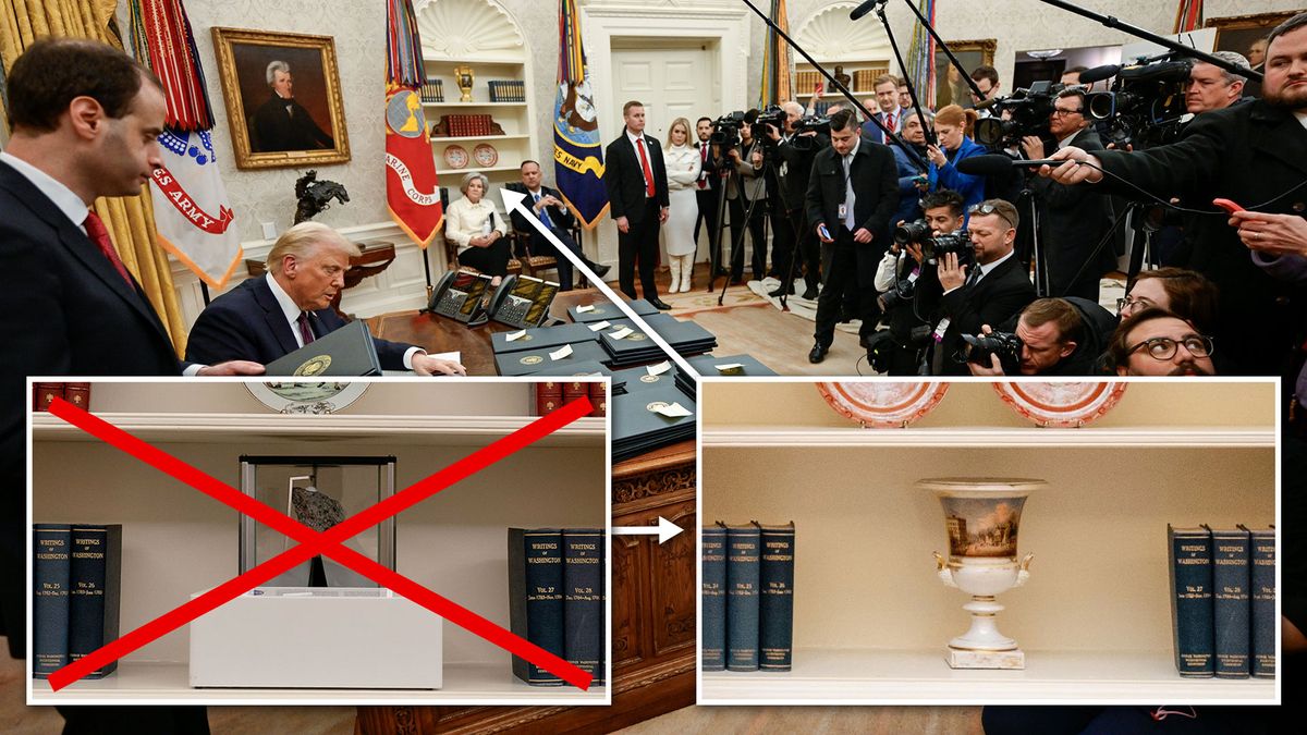 the oval office in the white house with the president at his desk and press photographers across from him with insets showing where a moon rock had once been and an urn has taken its place