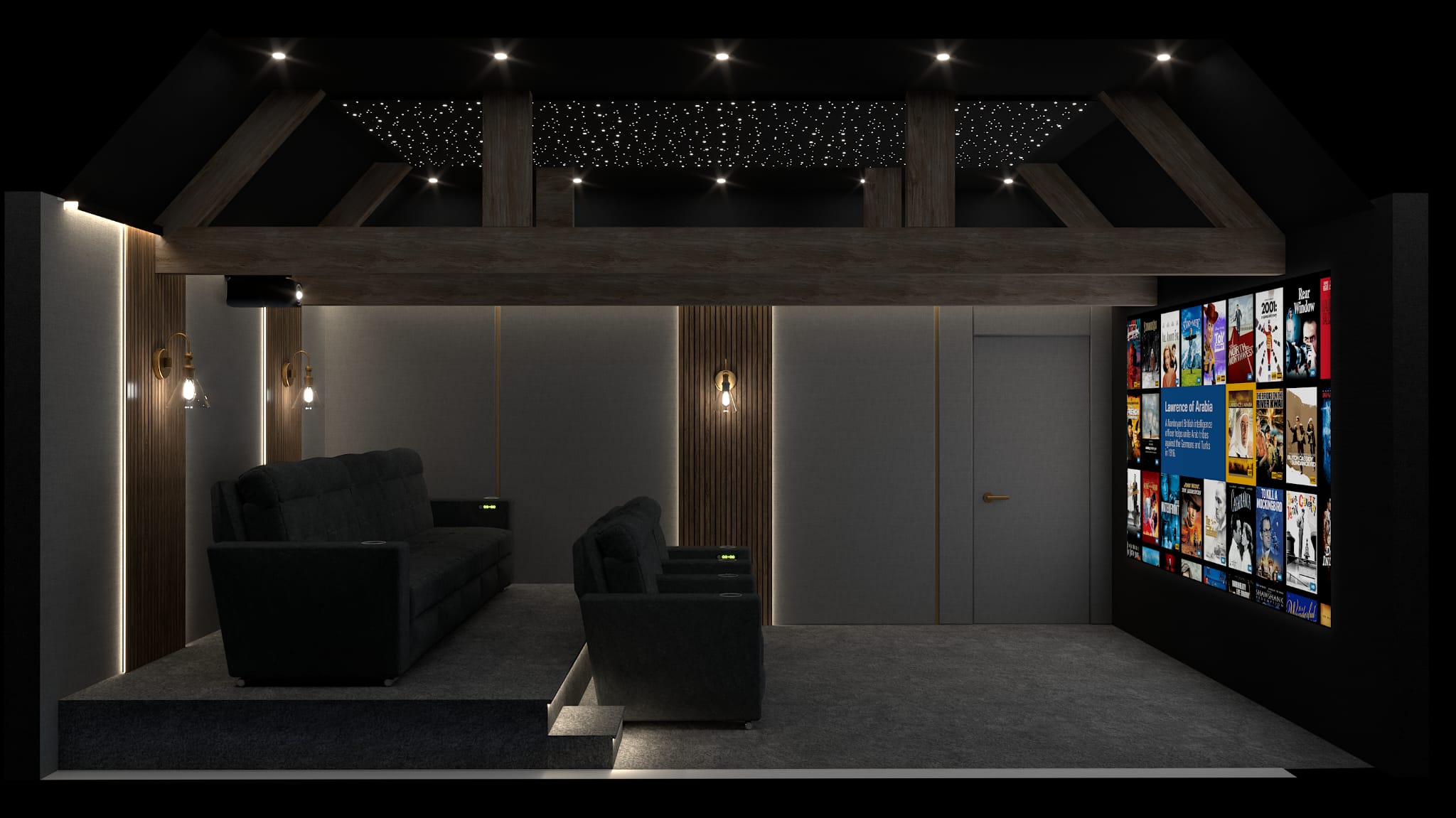 Home theater space with LED ceiling lights and Kaleidescape interface on screen