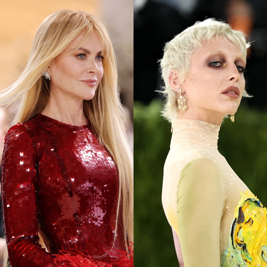 two blonde women, one with long hair, one with a pixie cut, at the met gala