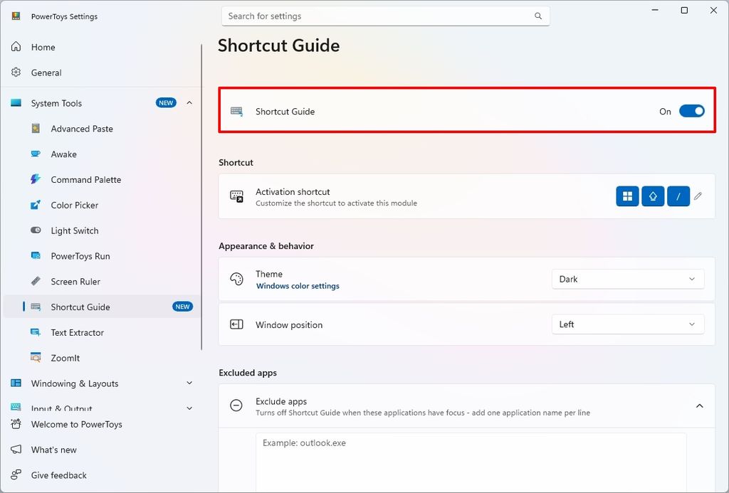 PowerToys app showing the Shortcut Guide feature with the option enabled.