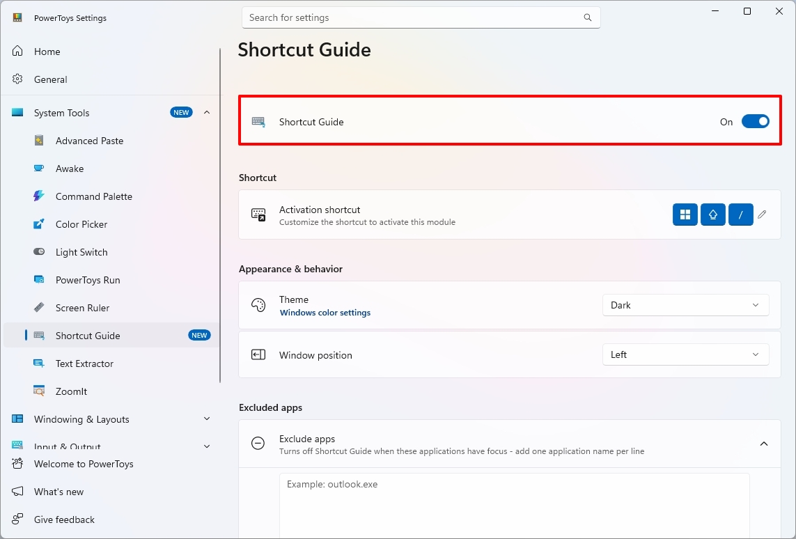 PowerToys app showing the Shortcut Guide feature with the option enabled.