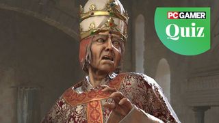 The Pope recoils in horror at the PC Gamer quiz logo!