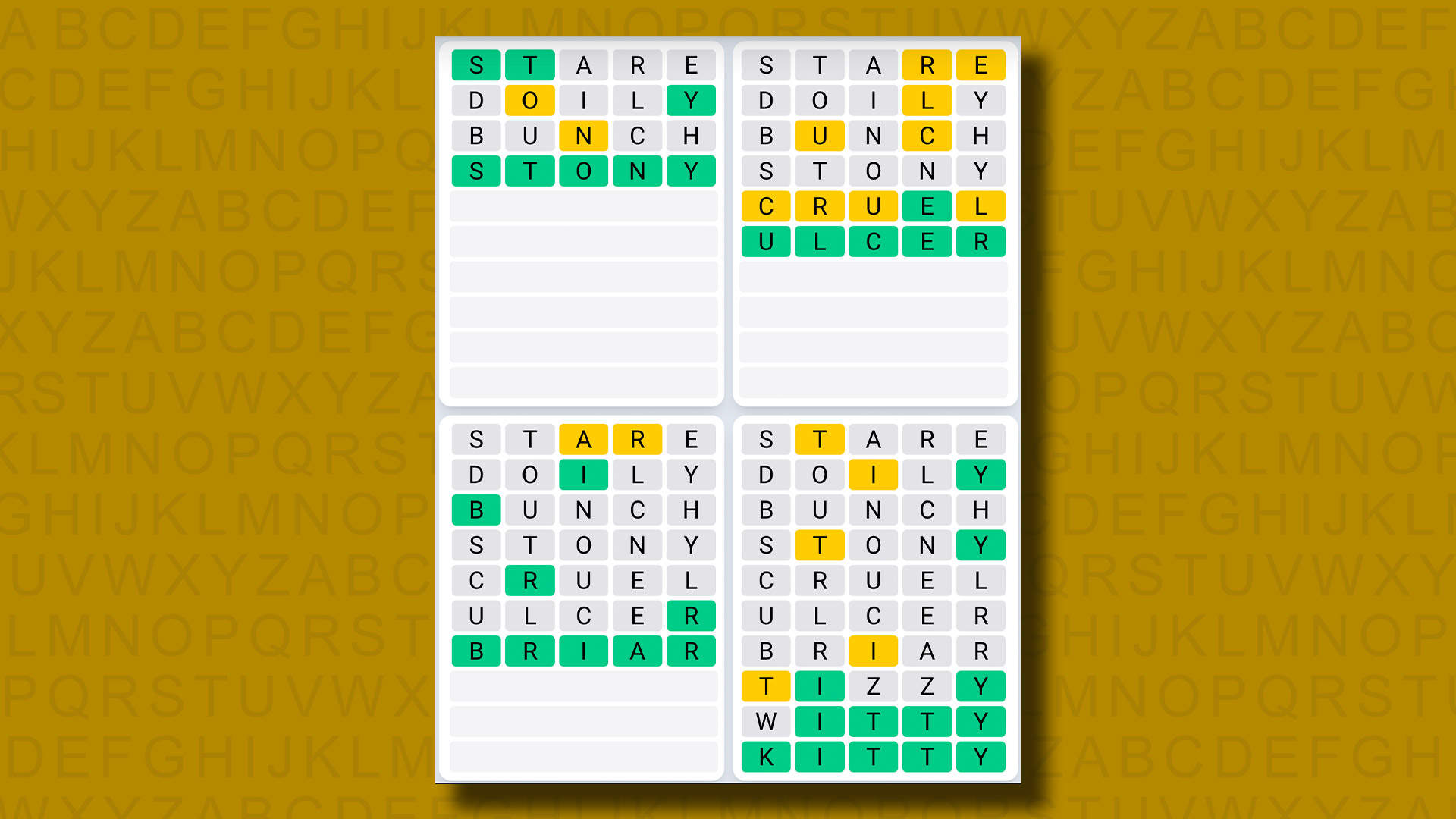 Quordle Daily Sequence Answers for Game 959 on a yellow background