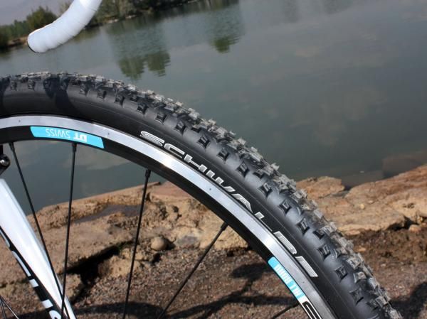 Tall, square, and openly spaced knobs on the Schwalbe Rocket Ron clinchers offer plenty of grip on sketchy ground but are a little slow on harder surfaces
