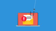 Phishing email attack concept image showing email with warning symbol on a laptop screen with a fishing hook attached.