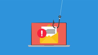 Phishing email attack concept image showing email with warning symbol on a laptop screen with a fishing hook attached.