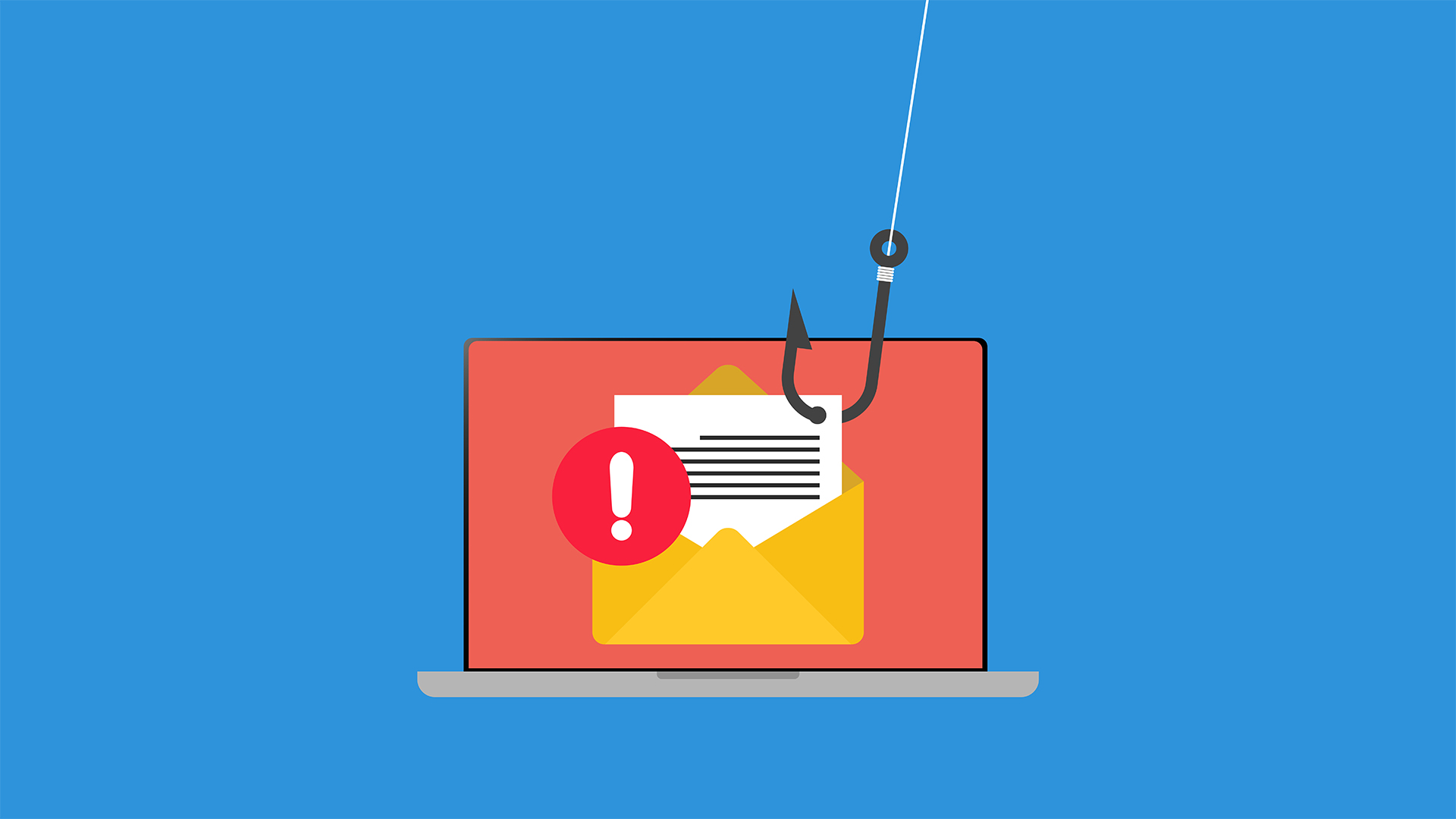 Phishing email attack concept image showing email with warning symbol on a laptop screen with a fishing hook attached.