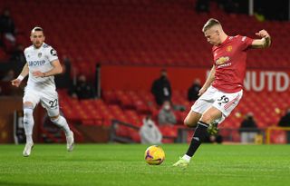 Manchester United’s Scott McTominay scores his side’s first goal against Leeds