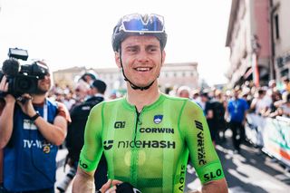 Matej Mohorič of Slovenia celebrates winning elite men&#039;s title at 2023 UCI Gravel World Championships in Italy