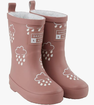 Pink wellies with clouds on them