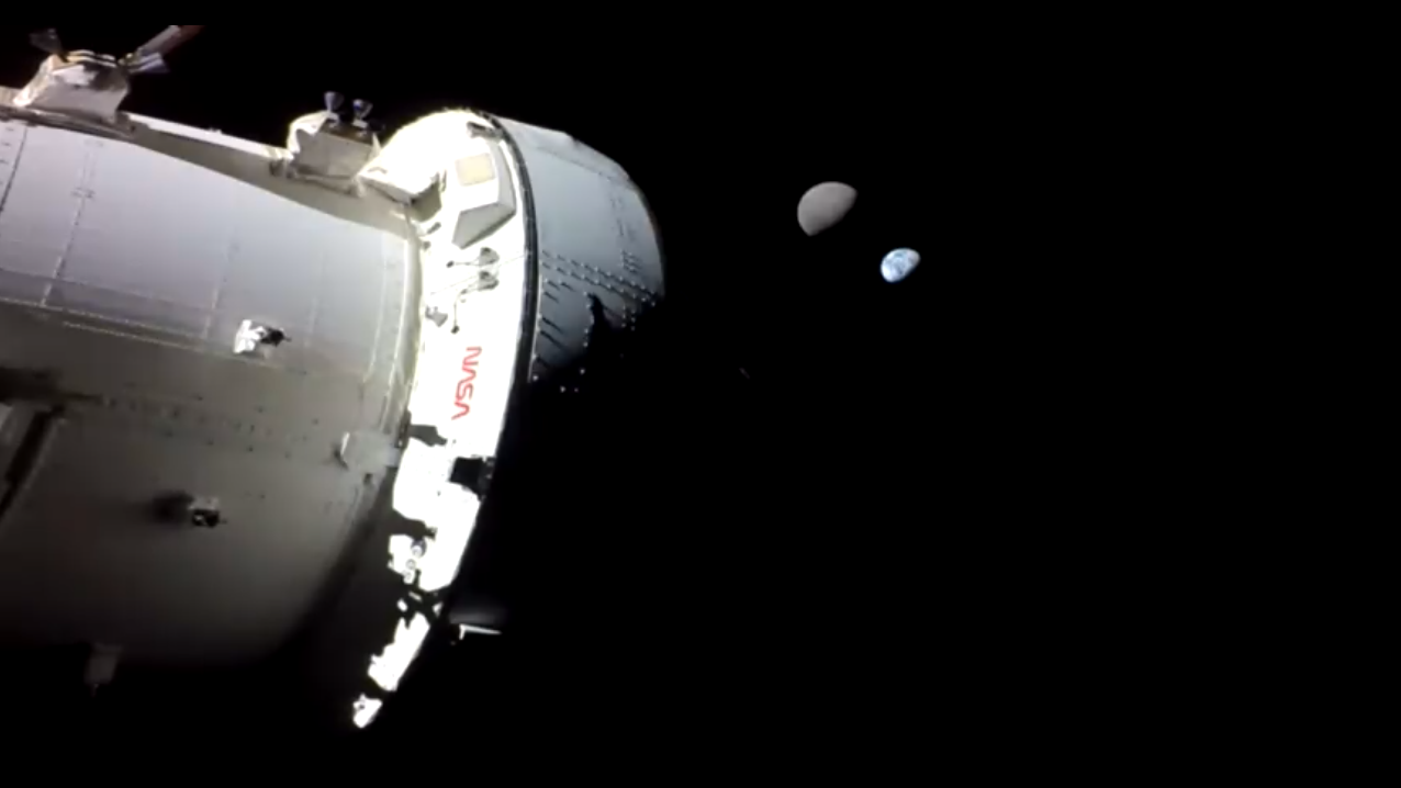 The Orion spacecraft views Earth and moon during an Artemis 1 livestream Nov. 28, 2022.
