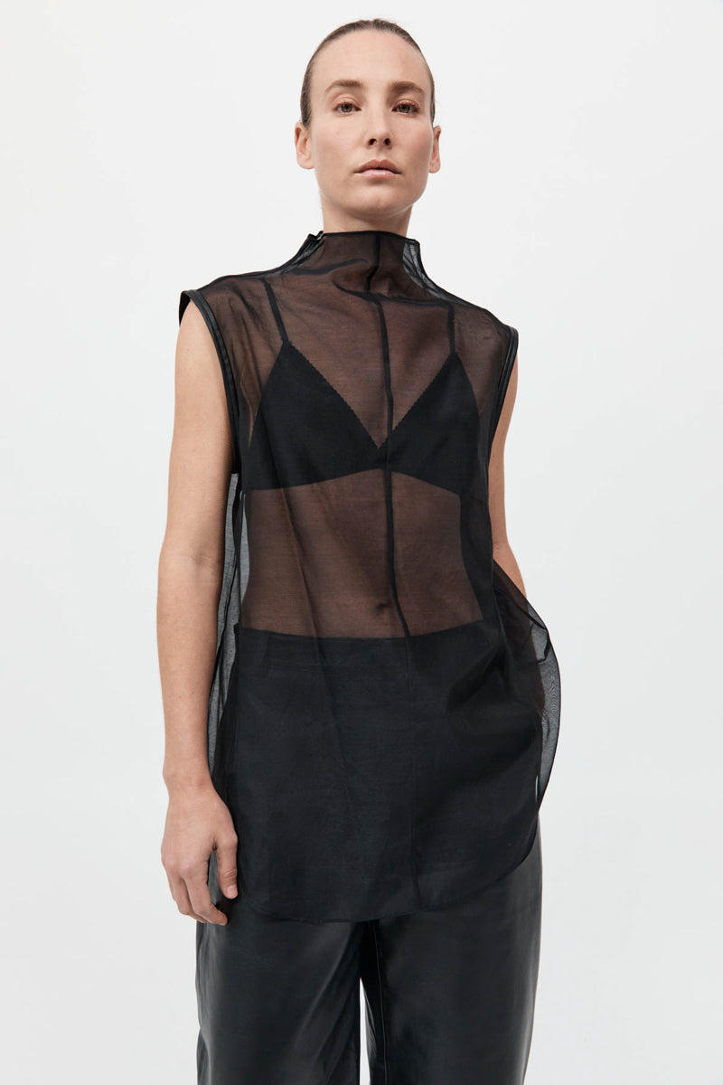 Sheer Silk Leather Trim Top - Black