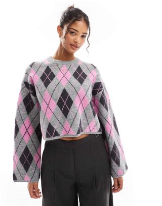 Bershka Argyle Round Neck Jumper in Grey & Pink