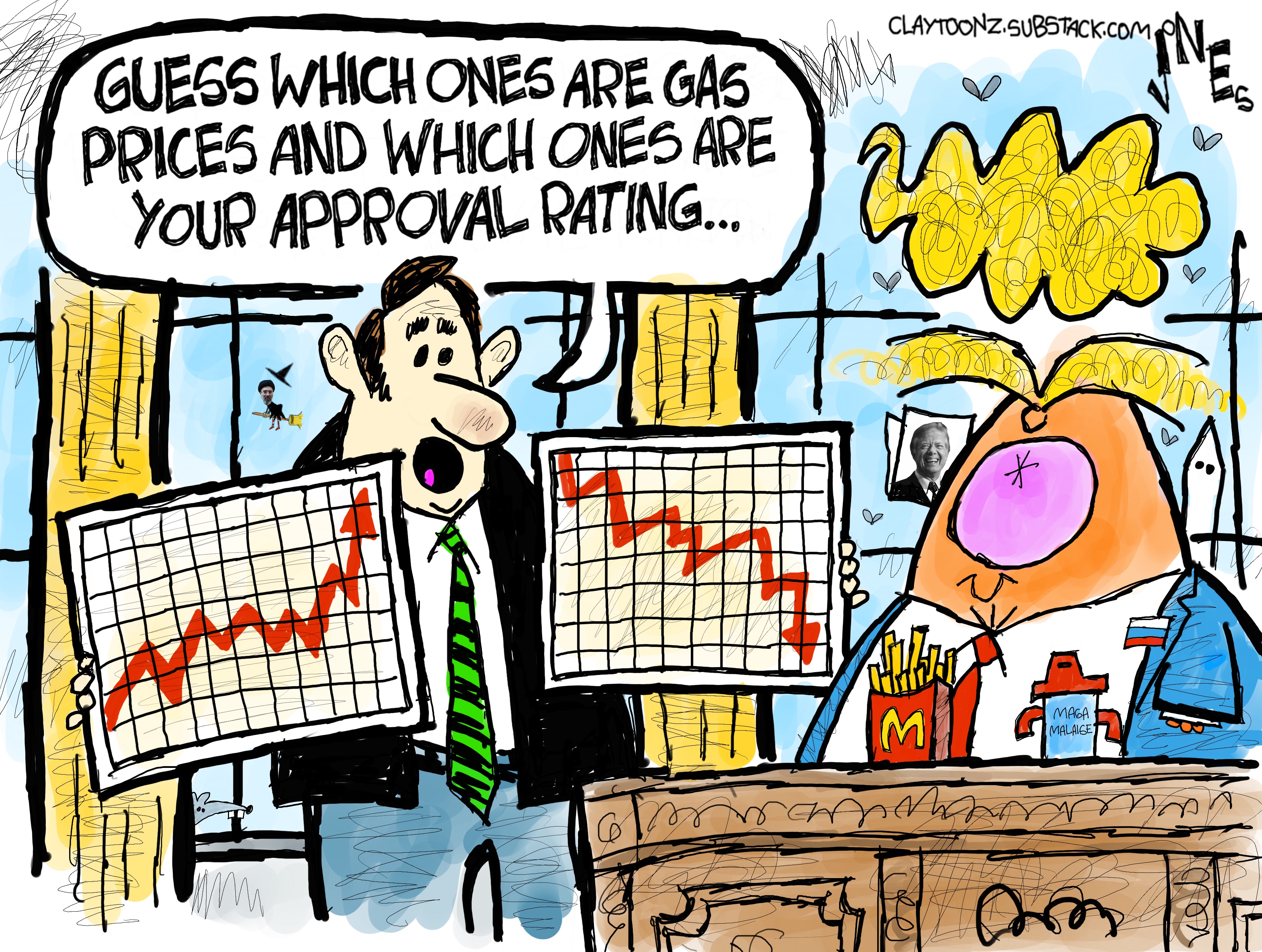 This cartoon depicts a wild caricature of Donald Trump looking at charts held by an aid. One chart shows an arrow going straight up, the other straight down. The aid says, &amp;ldquo;Guess which ones are gas prices and which ones are your approval rating&amp;hellip;&amp;rdquo;