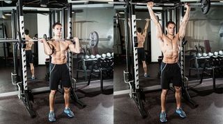 Man demonstrates two positions of the overhead press with a barbell in a gym