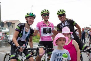 Leah Kirchmann of Liv-Plantur Cycling Team poses with her team mates and local kids after the Giro Rosa 2016 - Stage 1