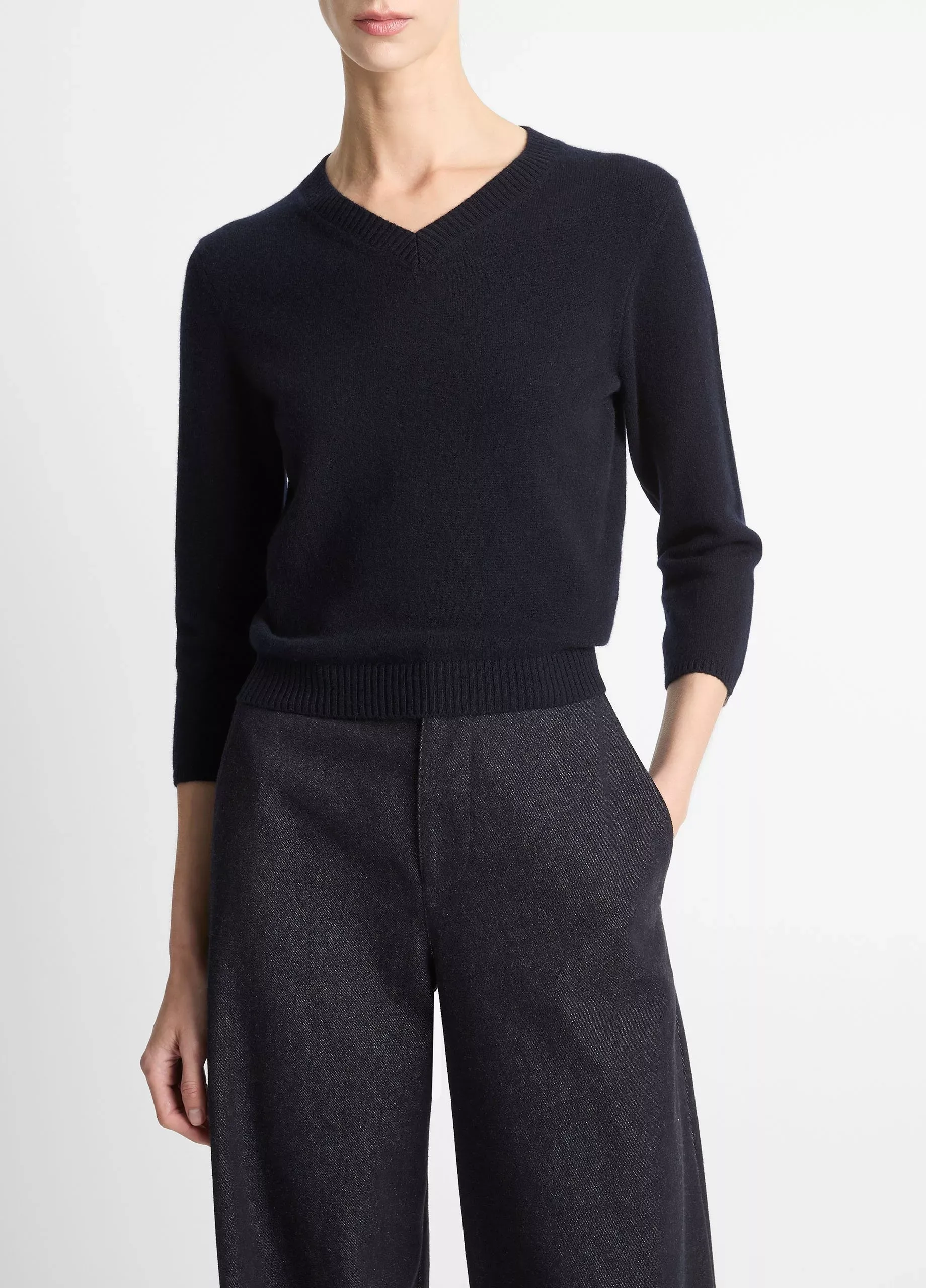 Wool & Cashmere-Blend Three-Quarter-Sleeve V-Neck Sweater