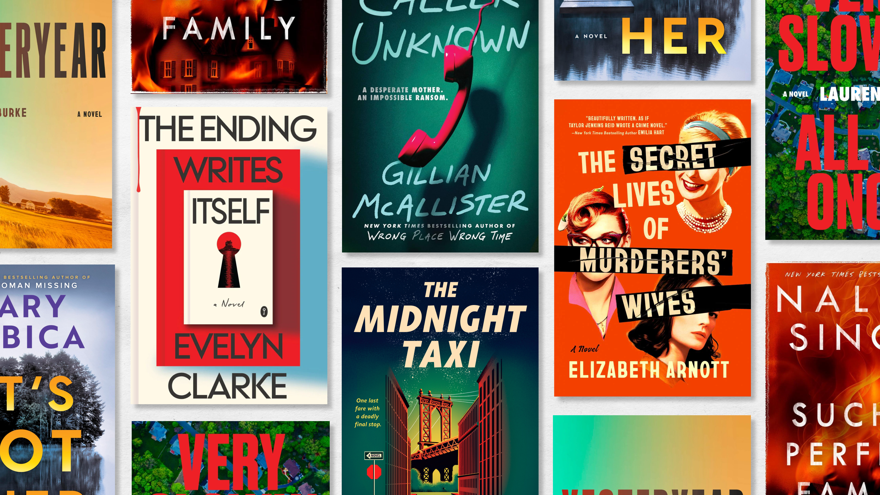 a collage of book covers of the best mystery thriller novels of 2026 including the ending writes itself the midnight taxi caller unknown and more