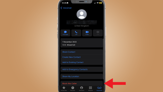 a screenshot of an iphone showing where to block a number on a contact card on an iphone
