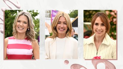 Collage of three images of Charlotte Hawkins, Cat Deeley and Alex Jones, on a white marble background with pink nail polish swatches