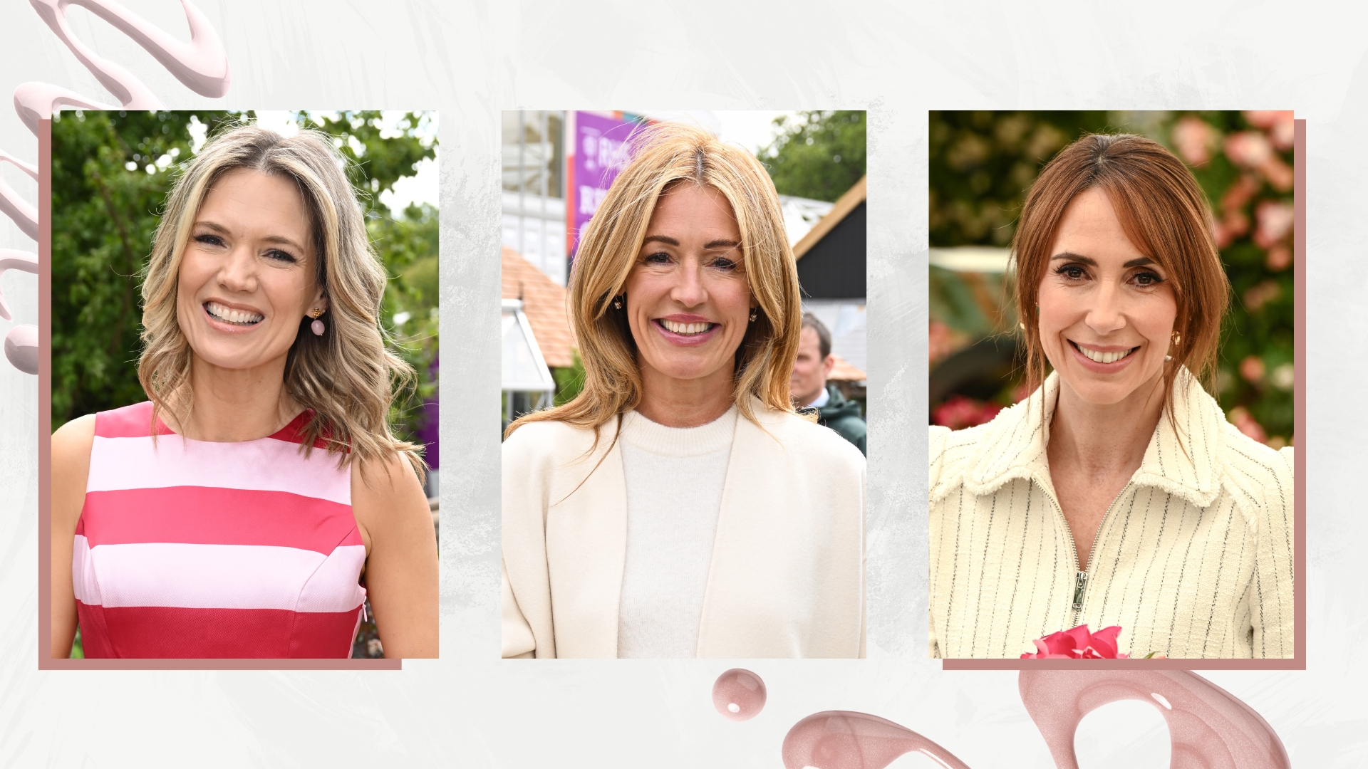 Collage of three images of Charlotte Hawkins, Cat Deeley and Alex Jones, on a white marble background with pink nail polish swatches