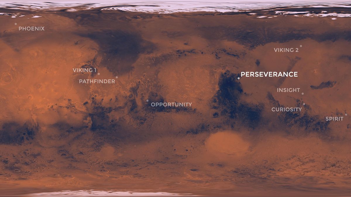This map of Mars shows the location of the Jezero Crater, as well as the locations of where NASA's other successful Mars missions landed. The Jezero Crater is believed to have contained a lake and a river delta in the ancient past. Thus, the rover will begin its mission on Mars searching the area for signs of long-dead life.