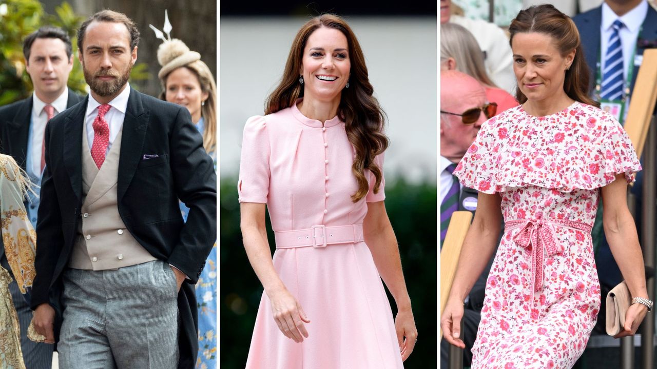 Composite of pictures of James Middleton wearing a suit to Lady Gabriella Windsor’s wedding in 2019, Kate Middleton wearing a pink dress to officially open the Young V&amp;A in 2023, and Pippa Middleton wearing a floral dress at Wimbledon 2024